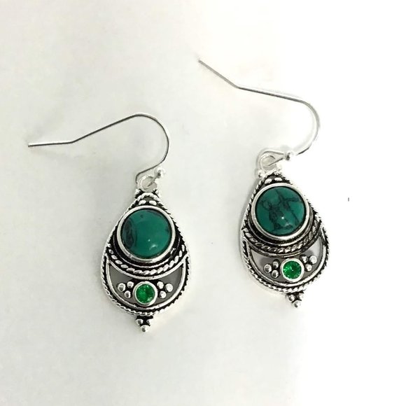 Turquoise & Green Stone Boho Silver Earrings - Picture 4 of 5